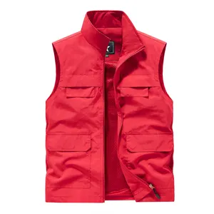 Men's Red Multi-Pocket Stand Collar Utility Vest Outdoor Casual Sleeveless Jacket