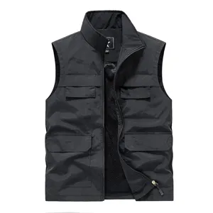 Men's Solid Color Stand Collar Multi-Pocket Outdoor Workwear Vest - Black Jacket