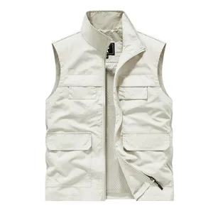 Men's casual outdoor multi-pocket tactical vest, stand collar full-zip workwear sleeveless jacket.