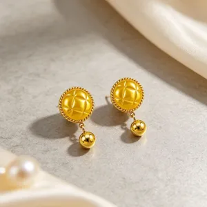 Minimalist 304 Stainless Steel Quilted Pattern Round Stud Earrings 18K Gold Plated Geometric Drop Ball Earrings For Women