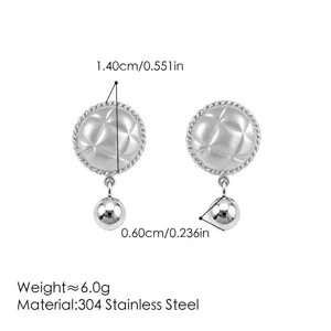 Stainless steel quilted stud earrings with hanging ball, detailed size and weight specs.