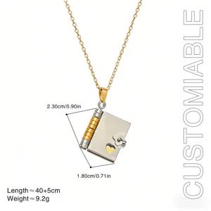 Collar con colgante de libro pequeño de acero inoxidable bañado en oro 18k joyería mujer