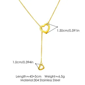 Gold plated stainless steel double open heart Y necklace stylish long link chain jewelry item.