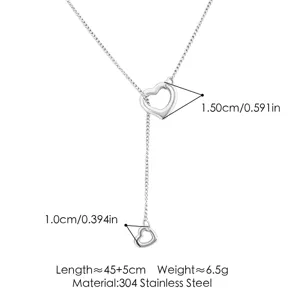 Detail view of double heart Y-shaped necklace with precise dimensions and stainless steel info.