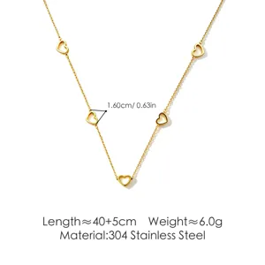 Stainless steel gold plated multi heart pendant necklace detail view with length and size specs.
