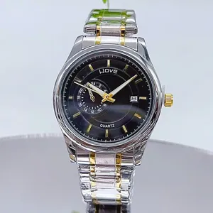 Men's quartz watch detail, stainless steel dual-color strap, black dial business wristwatch.