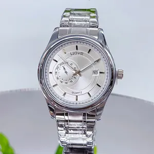 Men's quartz watch with steel strap, silver dial, date display, and business style details.