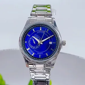 Men quartz watch with blue dial stainless steel metal strap fashion business wrist watch.