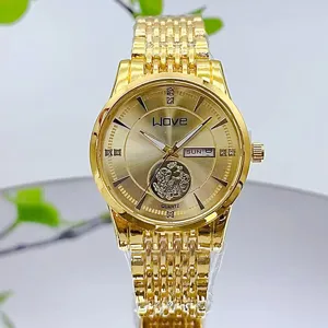 Montre à Quartz Business Mode pour Hommes Alliage Acier Inoxydable Rond Or Luxe Étanche Montre-Bracelet Calendrier Affichage Hebdomadaire pour Homme Bureau