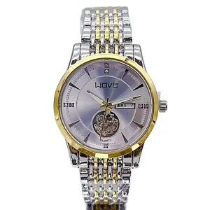 Montre quartz homme bracelet métal bicolore lunette dorée style affaires élégante
