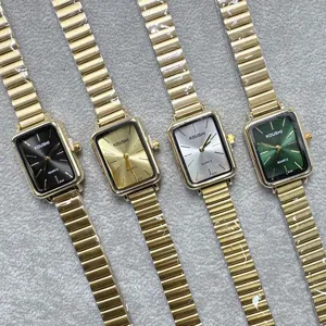Reloj de Pulsera de Cuarzo de Aleación para Mujer Moda Esfera Cuadrada Pequeña Correa de Acero Bambú Elegante Reloj para Viaje Diario
