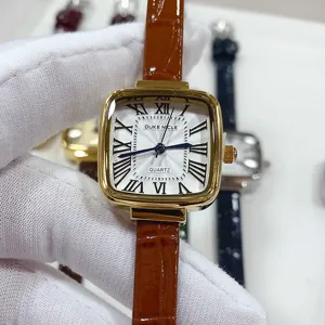 Vintage square quartz watch for women with brown leather strap and roman numerals dial.