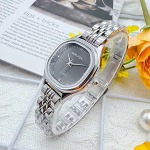 Elegant women's square quartz watch with silver metal strap, chic and high-end design.