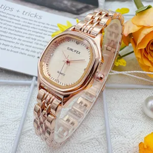 Close-up detail shot of a luxury rose gold square quartz women's watch with sleek metal strap.