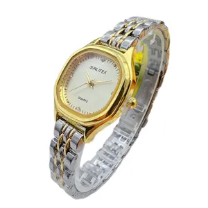 Women's square quartz watch featuring a gold case and two-tone metal bracelet main view