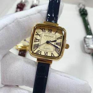 Square quartz women's watch with elegant Roman numerals and a stylish dark blue leather strap.
