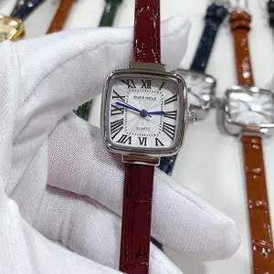 Square dial quartz watch for women with burgundy faux leather strap and roman numerals chic detail.