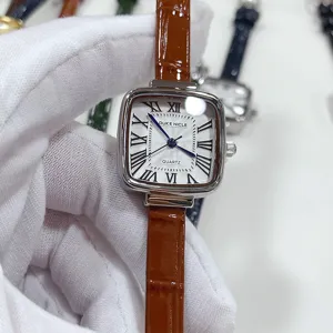 Elegant square quartz watch for women featuring brown leather strap and classic roman numerals.