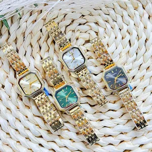 Vintage Gold Alloy Stainless Steel Strap Quartz Watch Niche Luxury Square Dial Pointer Display Waterproof Clock Gift For Women