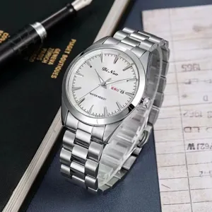 Stainless steel quartz watch detail showing white dial, silver metal strap and day-date display.