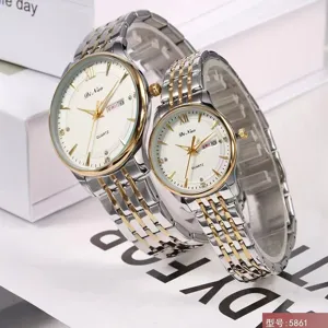 Orologio di Coppia in Lega Acciaio Inossidabile Moda Numeri Romani Strass Doppio Calendario Impermeabile Display Luminoso Quarzo Orologio da Polso