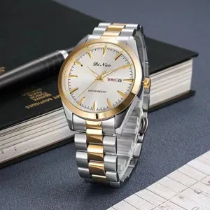 Dinuo quartz watch with two-tone stainless steel strap, day-date window and waterproof design.