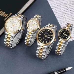 Two-tone stainless steel quartz couple watch set with black and white dial waterproof.