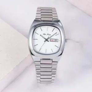Fashion Womens Quartz Watch Stainless Steel Band Alloy Case Waterproof Dual Calendar Elegant Square Wristwatch For Ladies