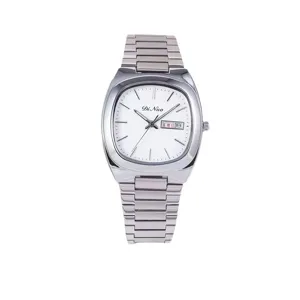 Silver stainless steel women's quartz watch with white dial, calendar display, and stylish design.