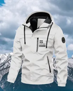 Details of the men's stylish white hooded windbreaker jacket, perfect for outdoor sports and daily wear.
