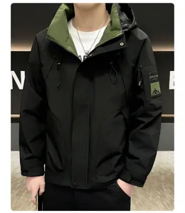 Men's hooded windbreaker jacket, black and green contrast tooling outdoor outerwear for spring.