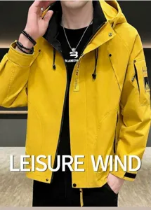 Men's yellow hooded windbreaker jacket spring autumn casual outdoor workwear outerwear