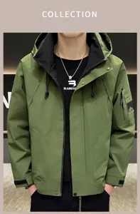 Men's hooded windbreaker jacket casual cargo outdoor sportswear spring autumn style detail view