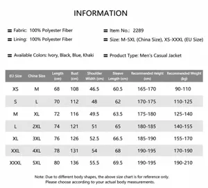 Size chart guide for men's casual hooded jacket, detailed measurements for length and chest.