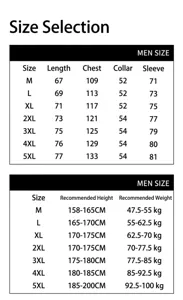 Men's jacket size chart details, showing detailed length, bust, sleeve, and fit recommendations.