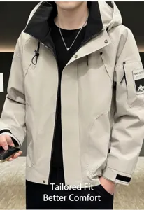 Men's hooded windbreaker jacket casual utility outerwear with zip front and pocket details.