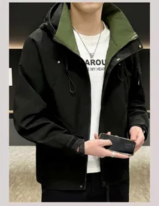 Men spring casual hooded windbreaker jacket, black and green patchwork outdoor workwear.