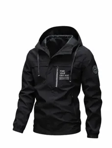 Men black hooded casual jacket detail view showing zipper pockets and chest print design.