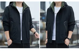 Men's windproof hooded jacket workwear coat detailing, autumn outdoor casual waterproof windbreaker.
