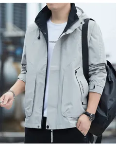Men's hooded windbreaker jacket casual outdoor workwear coat with multiple pockets.