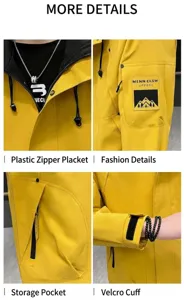Men's outdoor hooded workwear jacket detail view showing zipper and pocket designs.