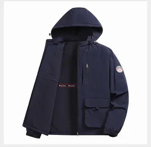Men's winter hooded fleece jacket warm thick casual outerwear with zipper pockets dark blue