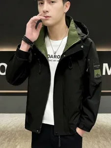 Men's hooded windbreaker jacket, stylish spring outdoor utility wear detail view.