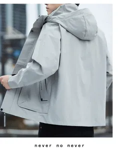 Men's Light Grey Hooded Waterproof Windbreaker Outdoor Workwear Jacket Spring Fall Fashion