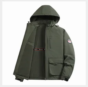 Men's winter fleece lined hooded jacket with multi pockets, casual outdoor warm coat.