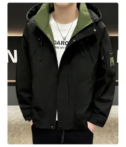 Men's casual hooded windbreaker jacket spring autumn tactical utility outerwear details