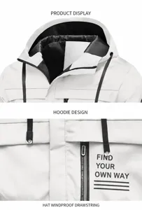 Detailed view of casual hooded jacket with windproof drawstrings and zipper pockets.