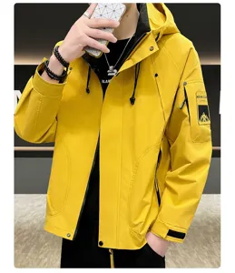 Men's yellow hooded windbreaker jacket, stylish outdoor cargo style for spring wear.
