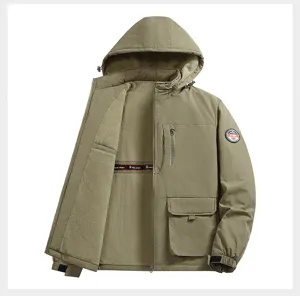 Detailed view of the men's winter fleece-lined hooded jacket, warm thermal outerwear with pockets.