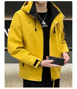 Mens yellow hooded jacket casual windbreaker spring autumn streetwear fashion outerwear coat.